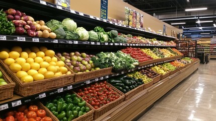 Obraz premium A well-stocked supermarket produce section with colorful fruits and vegetables displayed on shelves, emphasizing freshness and healthy living
