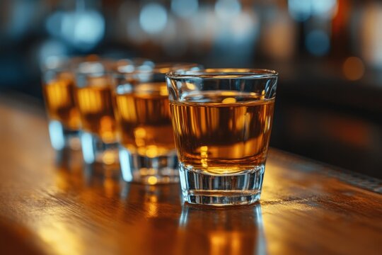 Four shot glasses of amber liquor lined up on a bar counter, with the bar in the blurry background.