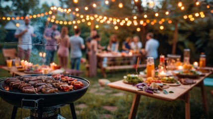 Summer barbecue party with grilled food and friends under string lights in the backyard