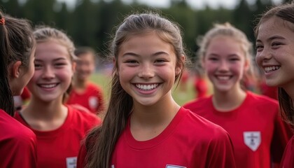Young female soccer players celebrate together on the field during a sunny day