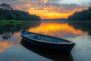 A serene sunset over a calm river with a lone boat floating peacefully.