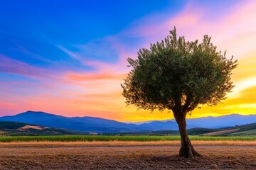 Fototapeta premium Lonely olive tree standing in cultivated field at sunset with mountains in background