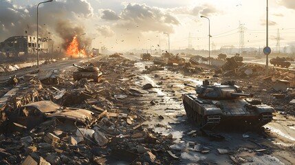 The aftermath of a conflict reveals a devastated cityscape littered with rubble, burnt vehicles, and military tanks under a cloudy sky as flames rise in the background.