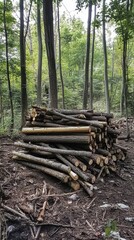 Stacked logs in a forest clearing