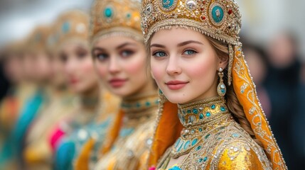 A young woman in traditional Russian folk costume with a golden crown and a blue and gold outfit.