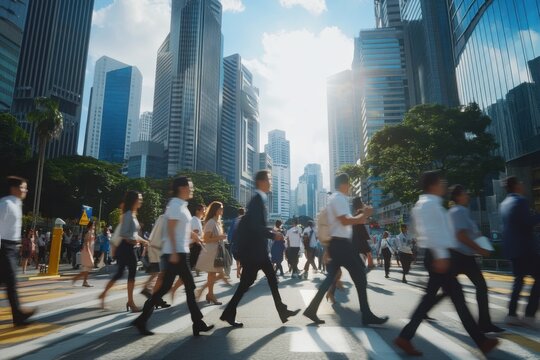 Many business people crossing the street in Singapore, motion blur, wide shot Generative AI