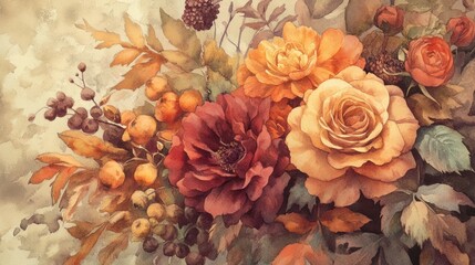 Fototapeta premium Watercolor Painting of Autumnal Flowers