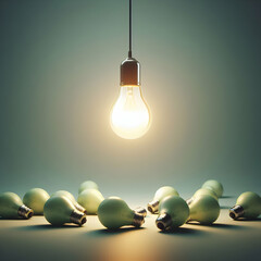 Glowing Light Bulb Among Unlit Bulbs