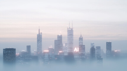 Naklejka premium Futuristic City Skyline with AI Technology Overlay
