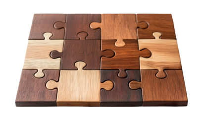 Wooden puzzle pieces connected together, isolated on transparent cutout background
