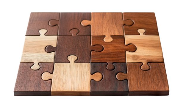 Wooden puzzle pieces connected together, isolated on transparent cutout background