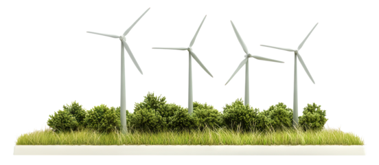Renewable energy wind turbines in green landscape, isolated on transparent cutout background