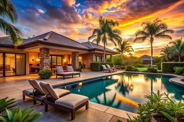 Fototapeta premium Luxury Tropical Villa with Pool and Lounge Chairs Perfect for Relaxation in Clear Skies