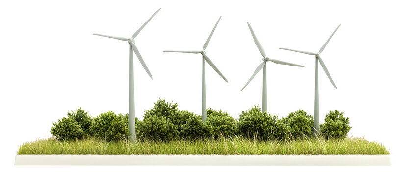 Renewable energy wind turbines in green landscape, isolated on transparent cutout background