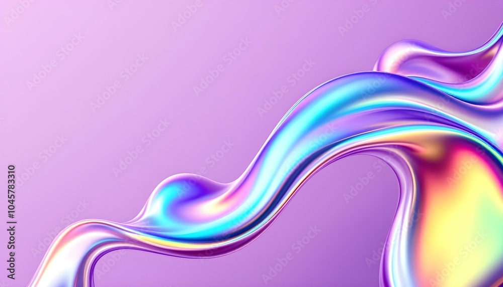 Poster Dynamic 3d abstract drape background. Neon gloss waves resembling curtain, deep folds texture with calming metallic iridescent effects. Beautiful wavy silky, dark creases structure, purple hues