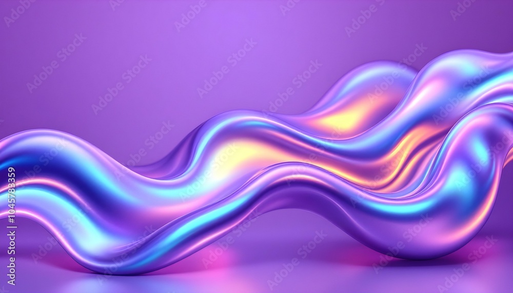 Poster Dynamic 3d abstract drape background. Neon gloss waves resembling curtain, deep folds texture with calming metallic iridescent effects. Beautiful wavy silky, dark creases structure, purple hues