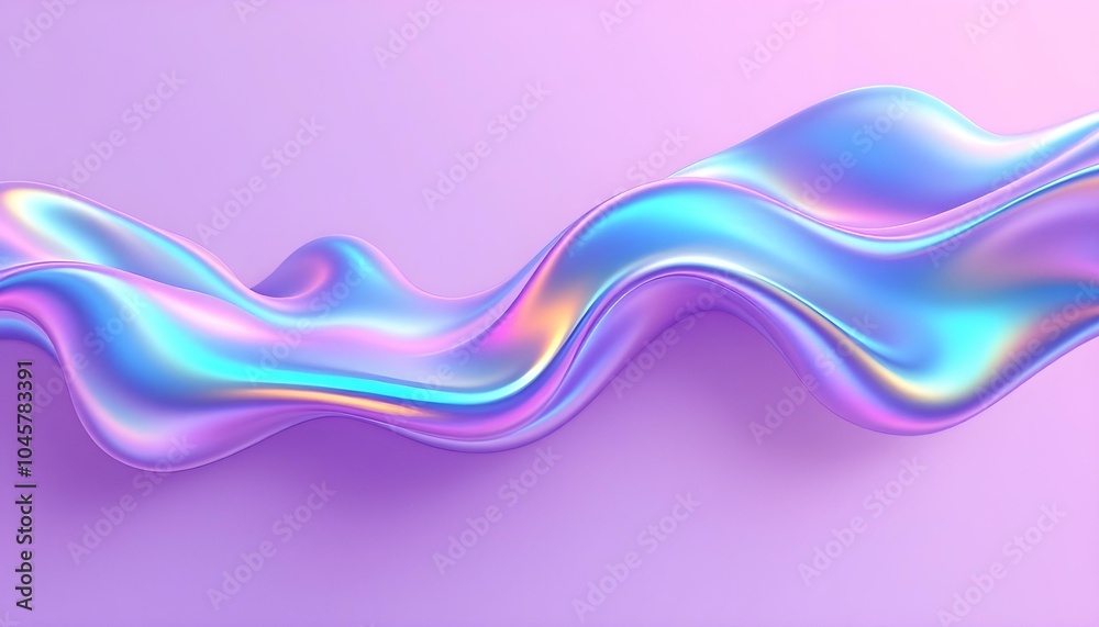 Poster Dynamic 3d abstract drape background. Neon gloss waves resembling curtain, deep folds texture with calming metallic iridescent effects. Beautiful wavy silky, dark creases structure, purple hues