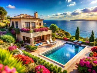 Fototapeta premium Luxury Villa by the Sea with Pool in Garden - Stunning Tilt-Shift Photography for Real Estate and Travel