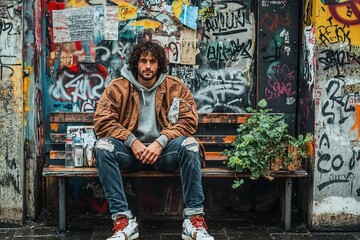 Urban photoshoot of a young man with curly hair in a casual outfit sitting on a bench in front of graffiti wall
