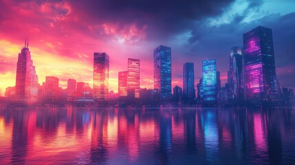 Obraz premium A vibrant neon sunset over a city skyline, with glowing colors blending in the sky and reflecting off glass buildings