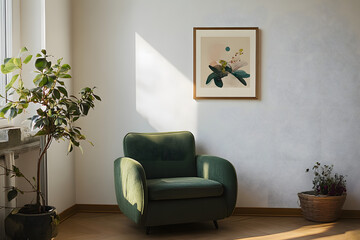 Minimalist composition of living room interior with design green armchair, mok up poster frame, plant and decorations. Home decor.