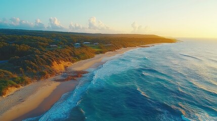 Naklejka premium Aerial view of a beautiful sandy beach with clear blue water and waves crashing on the shore at sunset.