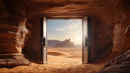 A door opens to a breathtaking desert landscape, inviting exploration and adventure.