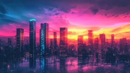 Obraz premium A vibrant neon sunset over a city skyline, with glowing colors blending in the sky and reflecting off glass buildings