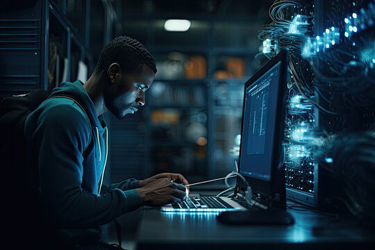 Compute engineering black man in server room data center - Powered by Adobe