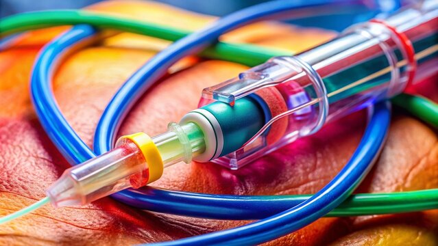 Macro Photography of a Picc Line with Detailed Close-Up of Catheter and Access Ports for Medical Illustration