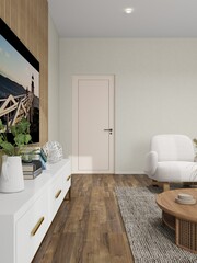 Modern interior design of a room with light walls and dark wood flooring