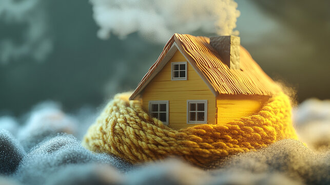 A small, yellow house covered with a yellow cloth, smoke rising from its chimney, on a light gray surface.