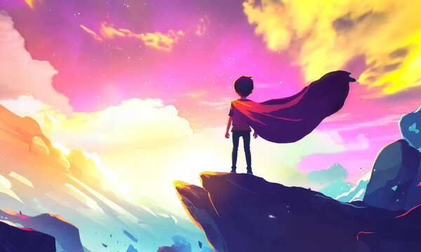 hero boy with cape stand on a cliff on colorful sky background