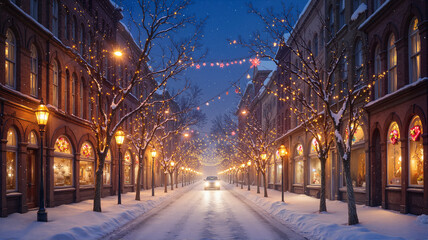 Enchanting Winter Street Scene with Glowing Holiday Lights and Snow-Covered Buildings

