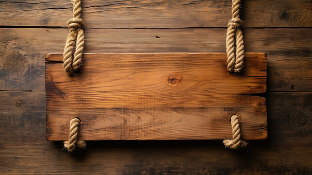 rustic wooden sign hanging from thick ropes on a wooden background, evoking a vintage and handcrafted aesthetic.