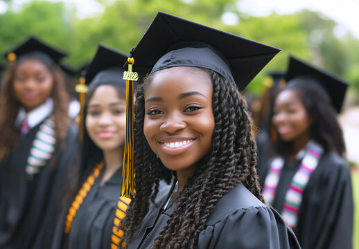 Joyful graduation celebration with students in traditional caps and gowns outdoors