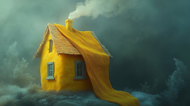 A small, yellow house covered with a yellow cloth, smoke rising from its chimney, on a light gray surface.