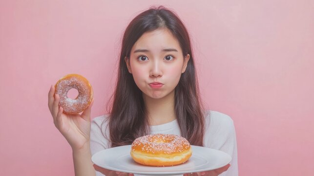 Gluten allergy, asian young woman hand push out, refusing to eat bread and donut or doughnut on plate in breakfast food meal. Gluten intolerant and Gluten free diet concept