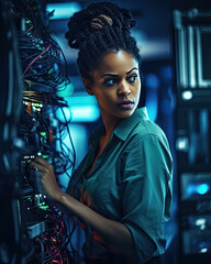 Compute engineering black woman in server room data center