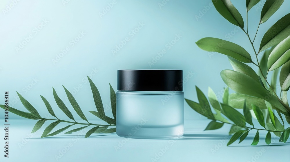 Poster a glass container with a black lid is positioned on a soft blue backdrop, complemented by vibrant gr