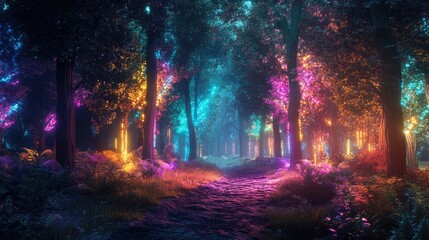 Fototapeta premium An enchanting forest scene illuminated by neon lights, casting colorful shadows on the trees and creating a surreal vibe