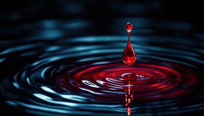 A red drop creates ripples on a calm water surface with vibrant colorful gradients