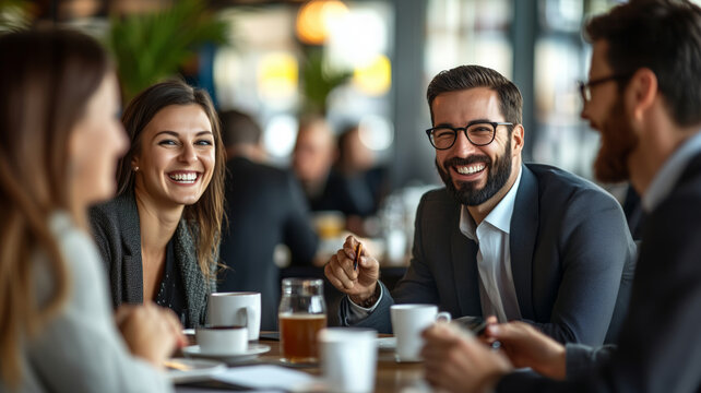 Cheerful professionals engaging in lively conversation at a bustling cafe