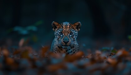 Obraz premium Leopard jaguar observing its surroundings in a dark forest setting