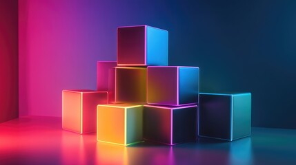 Obraz premium Neon cubes stacked in a geometric arrangement, casting colorful shadows and reflections in a dark, minimalistic setting