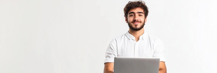 A young man engages in remote work at his laptop, enjoying the flexibility and comfort of freelancing in a minimalistic setting. Generative AI
