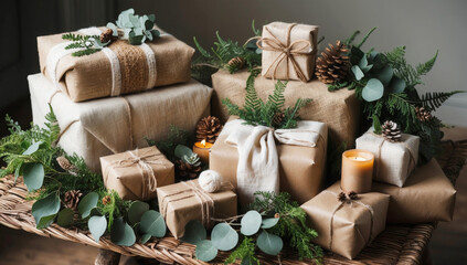 Eco-friendly holiday gift wrapping using natural materials, reuse of craft paper. Table with presents and greenery, creating a festive and joyful atmosphere, brown paper.