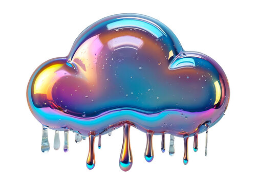 3D chrome element in Y2K style, isolated background, liquid holographic metal. A colorful cloud with a rainbow drizzle of water, made of a shiny, metallic material.