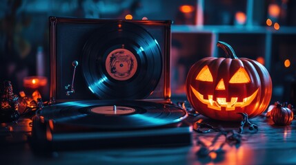 Fototapeta premium A 1970s-style Halloween vinyl record playing spooky tunes, with a vintage pumpkin-shaped speaker and retro decor surrounding it