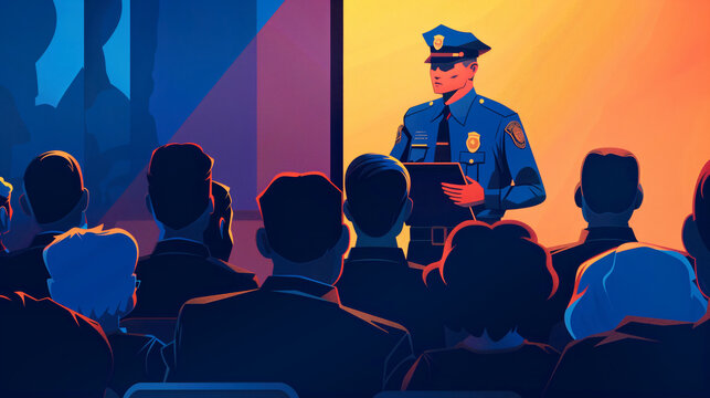 Police officer giving a presentation to engaged audience at community meeting